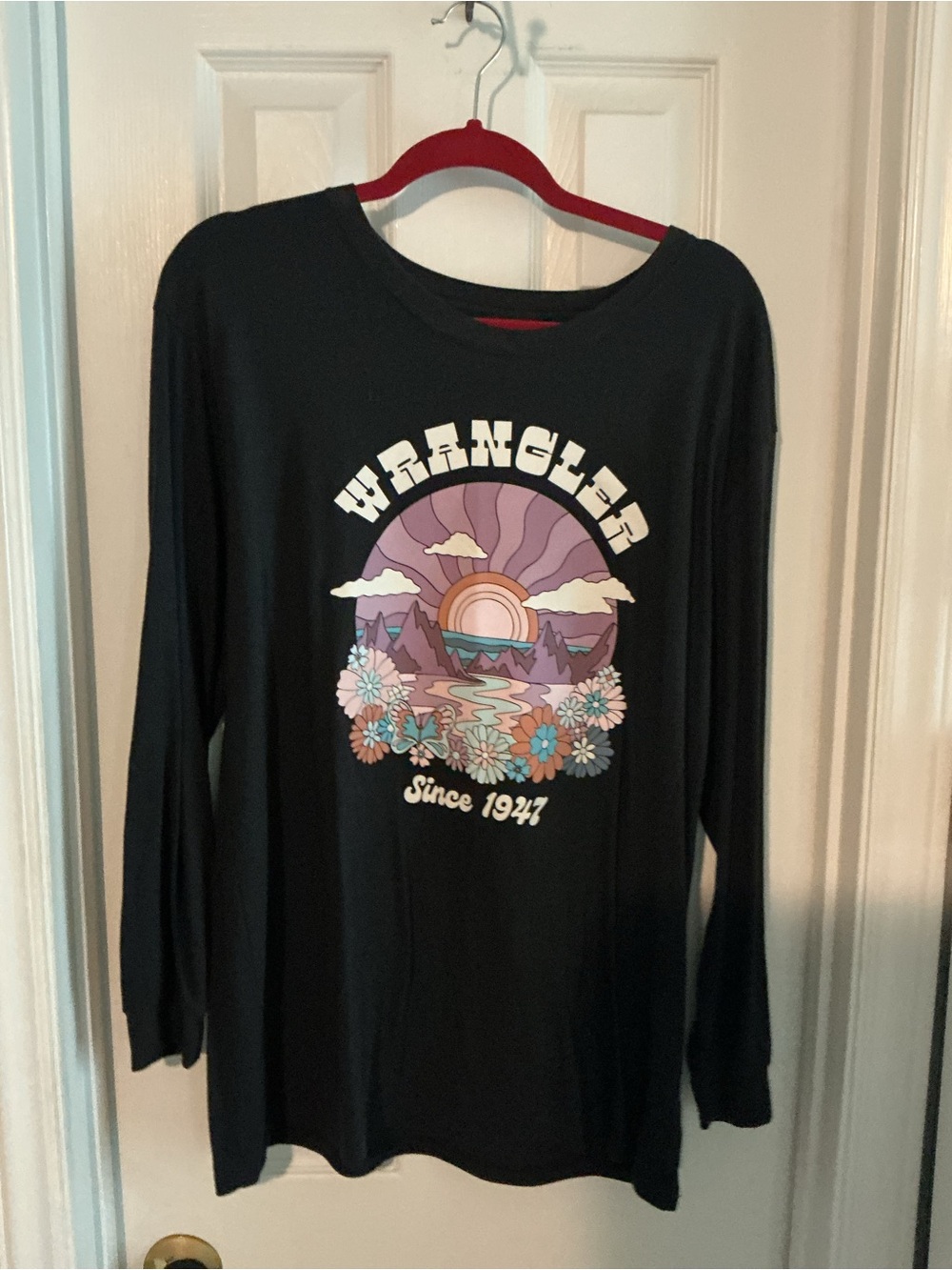 Wrangler Black Long Sleeve Tee with Retro Floral Sunset Graphic